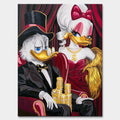 Obraz na płótnie Old Money Duck – elegancka para kaczek, złote monety i czerwone wnętrze w stylu pop art, nowoczesny wydruk galeryjny.