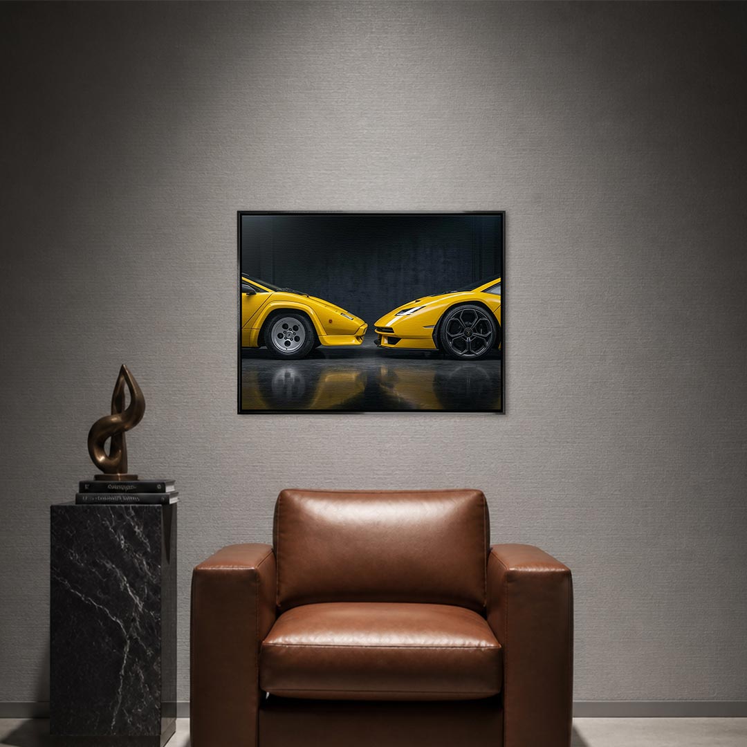 Obraz Old vs New 05 – czarna rama – aranżacja we wnętrzu – Huephant