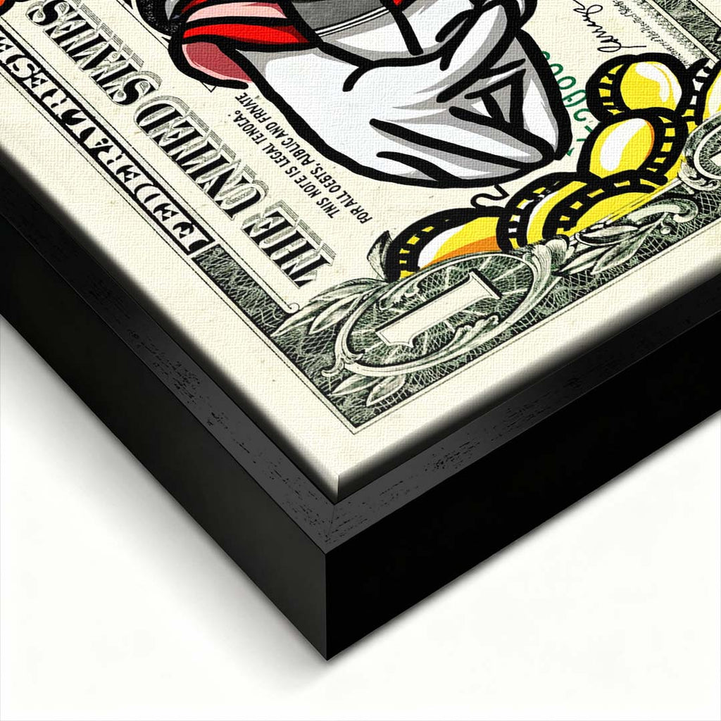 Nowoczesny obraz na płótnie w stylu pop-art przedstawiający kaczora w kapeluszu nad złotymi monetami na tle banknotu dolarowego. Wydruk galeryjny.