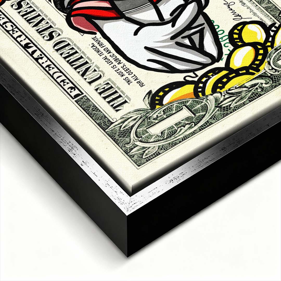 Nowoczesny obraz na płótnie w stylu pop-art przedstawiający kaczora w kapeluszu nad złotymi monetami na tle banknotu dolarowego. Wydruk galeryjny.