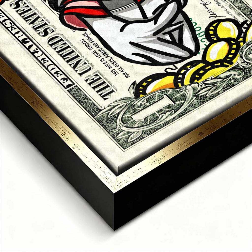 Nowoczesny obraz na płótnie w stylu pop-art przedstawiający kaczora w kapeluszu nad złotymi monetami na tle banknotu dolarowego. Wydruk galeryjny.