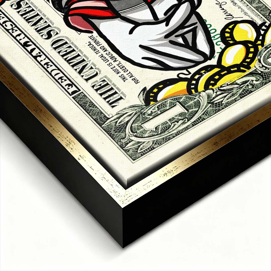 Nowoczesny obraz na płótnie w stylu pop-art przedstawiający kaczora w kapeluszu nad złotymi monetami na tle banknotu dolarowego. Wydruk galeryjny.