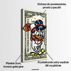 Nowoczesny obraz na płótnie w stylu pop-art przedstawiający kaczora w kapeluszu nad złotymi monetami na tle banknotu dolarowego. Wydruk galeryjny.