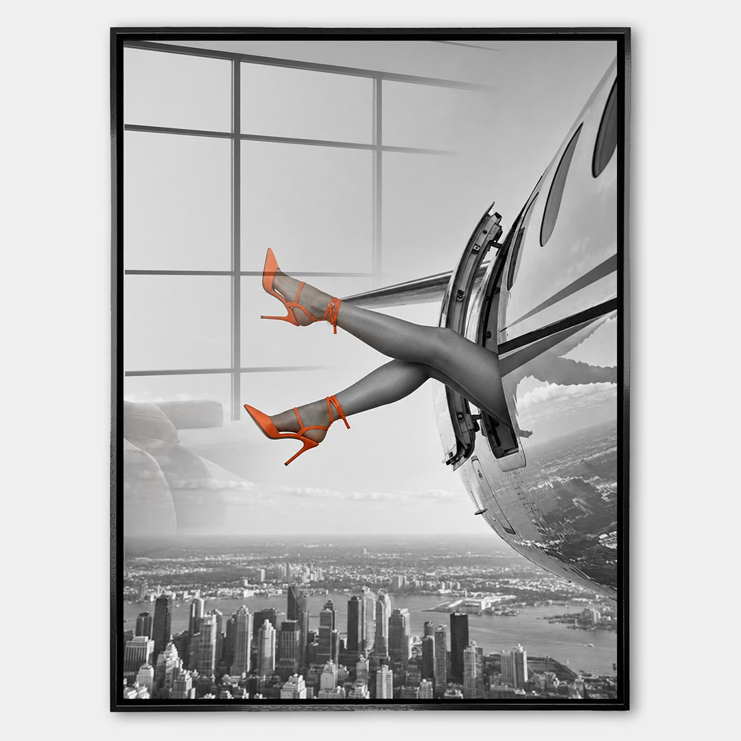 Obraz Orange Hills Plane – Szkło akrylowe – Czarna rama – Huephant