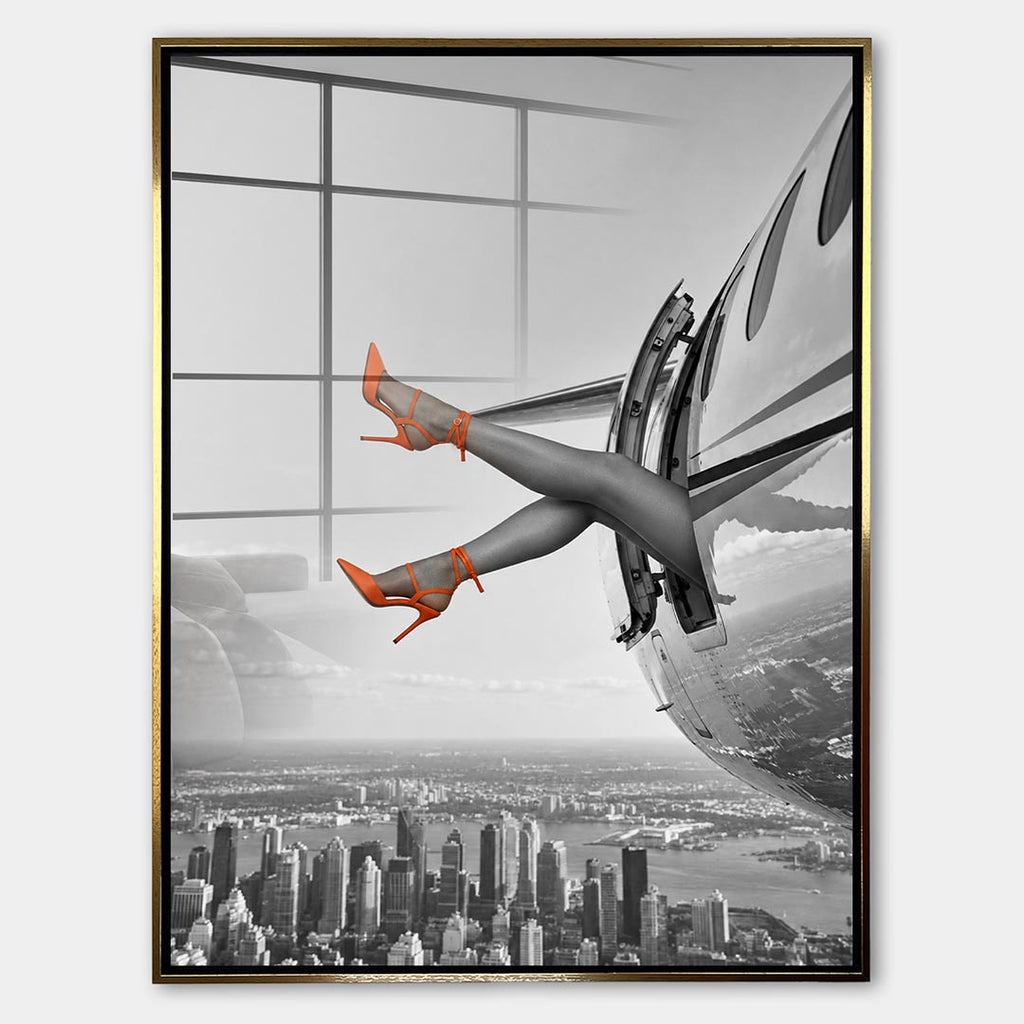 Obraz Orange Hills Plane – Szkło akrylowe – Złota rama – Huephant