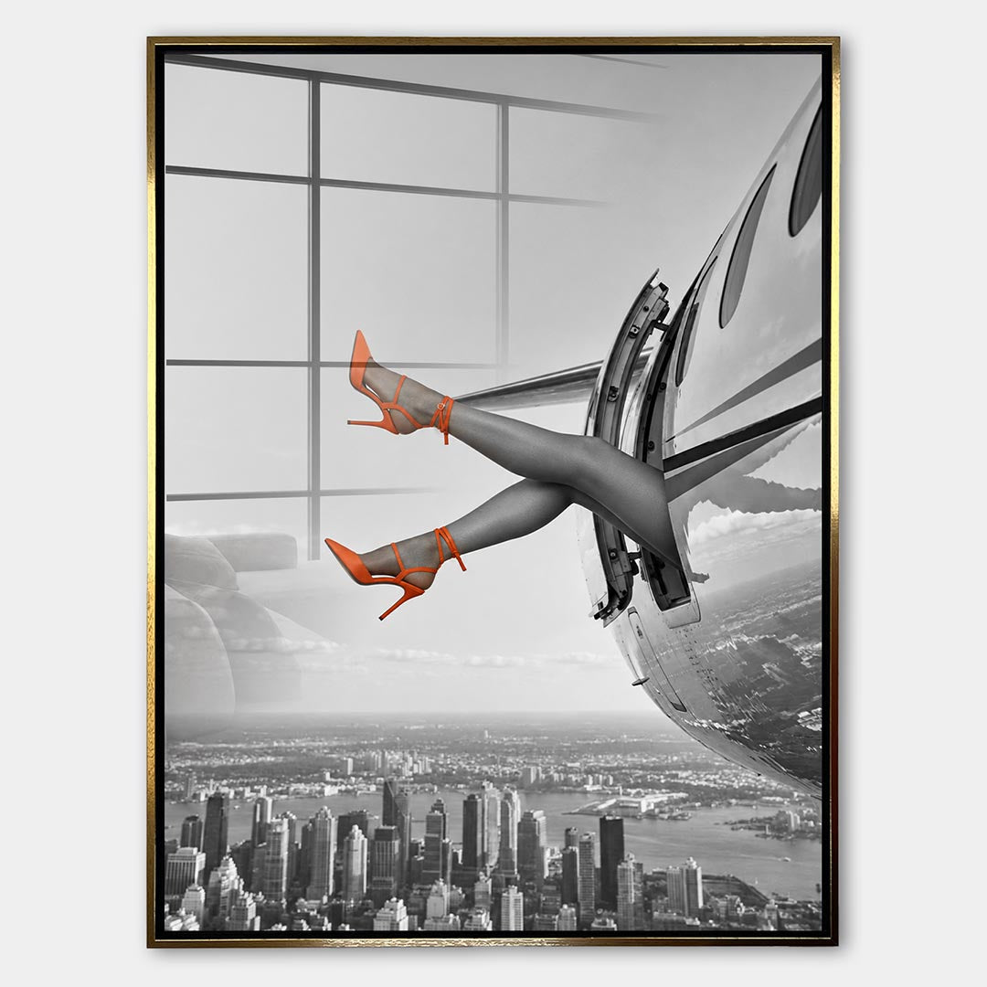 Obraz Orange Hills Plane – Szkło akrylowe – Złota rama – Huephant