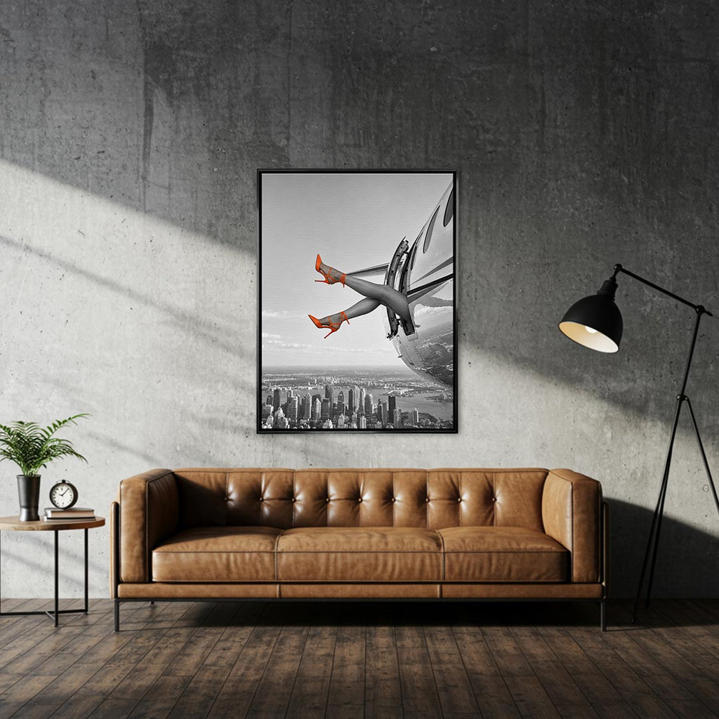 Obraz Orange Hills Plane – czarna rama – aranżacja we wnętrzu – Huephant