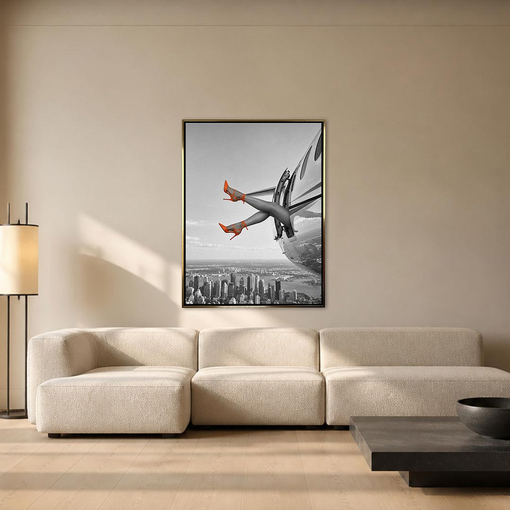 Obraz Orange Hills Plane – złota rama – aranżacja we wnętrzu – Huephant