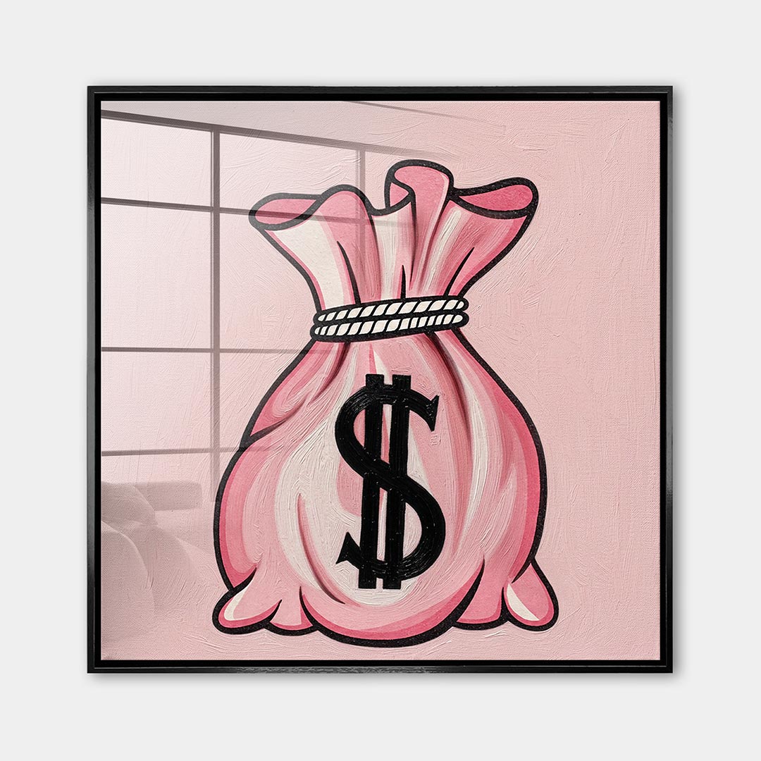 Obraz Pink Bag – Szkło akrylowe – Czarna rama – Huephant