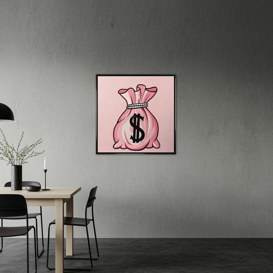 Obraz Pink Bag – czarna rama – aranżacja we wnętrzu – Huephant