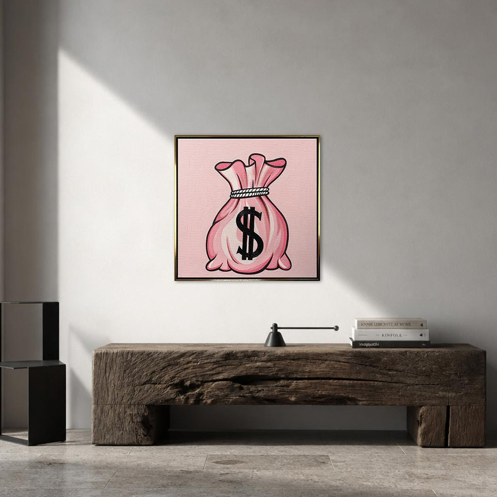 Obraz Pink Bag – złota rama – aranżacja we wnętrzu – Huephant