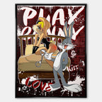 Obraz na płótnie Playbunny – stylizowana para królików, łóżko, graffiti i czerwone tło, nowoczesny wydruk galeryjny pop art.