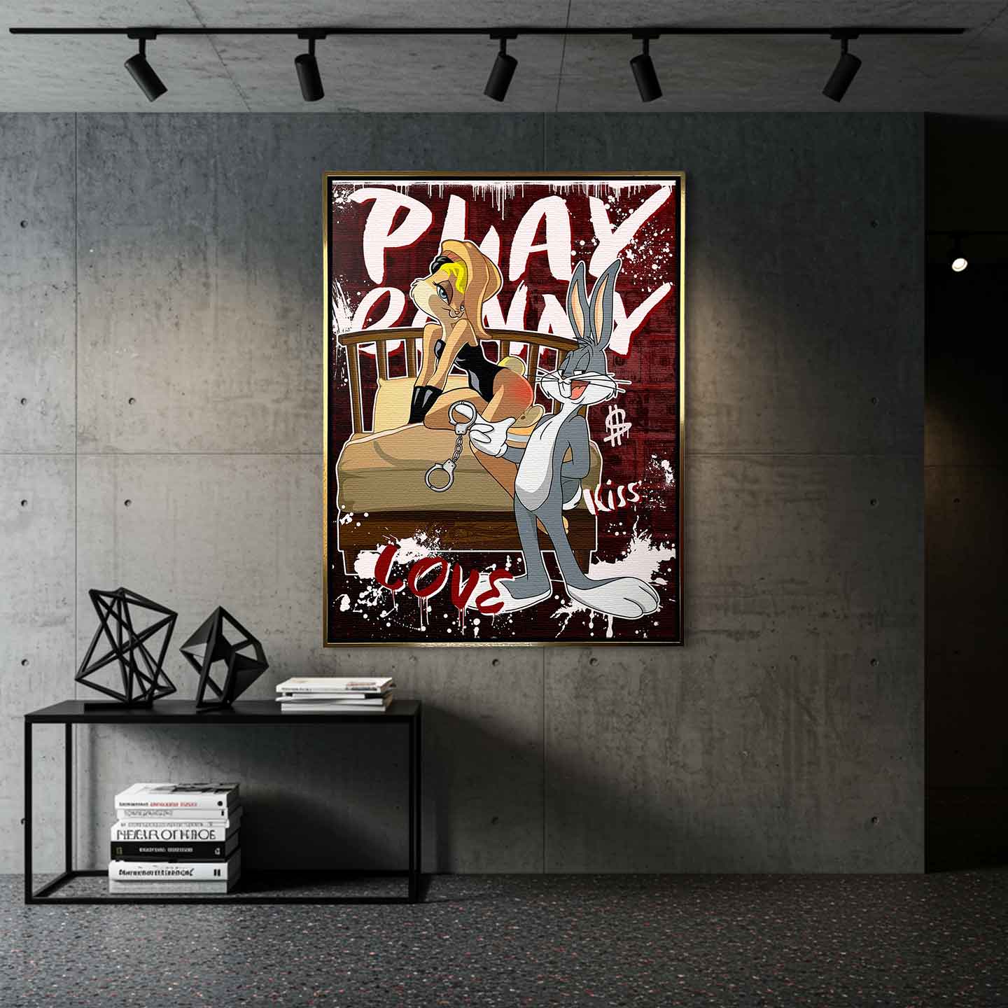 Obraz na płótnie Playbunny – stylizowana para królików, łóżko, graffiti i czerwone tło, nowoczesny wydruk galeryjny pop art.