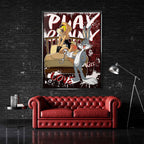 Obraz na płótnie Playbunny – stylizowana para królików, łóżko, graffiti i czerwone tło, nowoczesny wydruk galeryjny pop art.