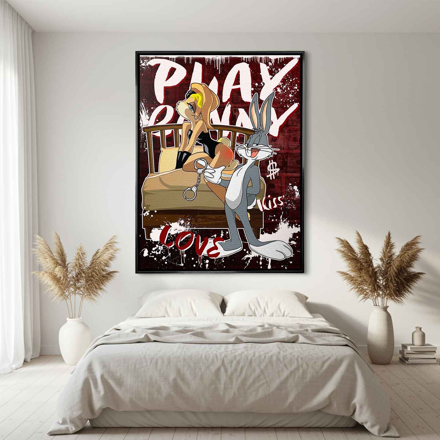 Obraz na płótnie Playbunny – stylizowana para królików, łóżko, graffiti i czerwone tło, nowoczesny wydruk galeryjny pop art.