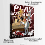 Obraz na płótnie Playbunny – stylizowana para królików, łóżko, graffiti i czerwone tło, nowoczesny wydruk galeryjny pop art.