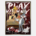 Obraz na płótnie Playbunny – stylizowana para królików, łóżko, graffiti i czerwone tło, nowoczesny wydruk galeryjny pop art.