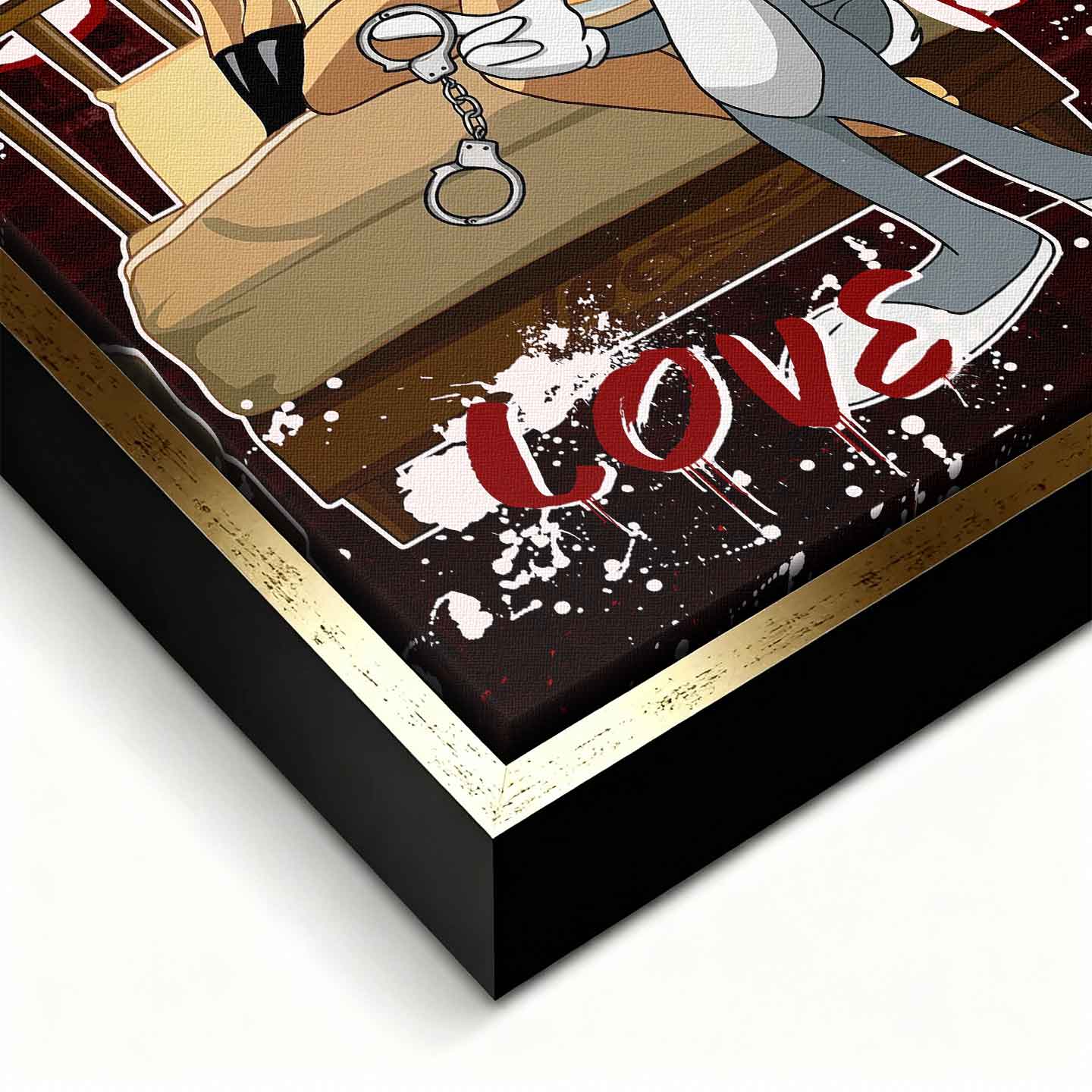 Obraz na płótnie Playbunny – stylizowana para królików, łóżko, graffiti i czerwone tło, nowoczesny wydruk galeryjny pop art.