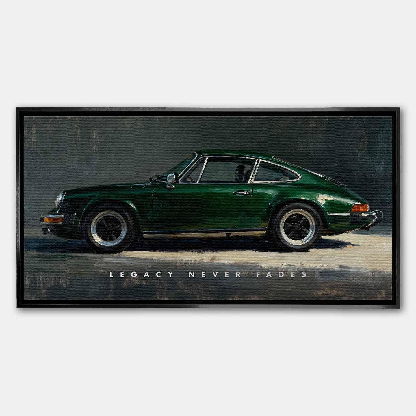 Obraz na płótnie Porsche Legacy z zielonym klasycznym Porsche 911 – obraz samochodowy Huephant, symbol ponadczasowego stylu i dziedzictwa.
