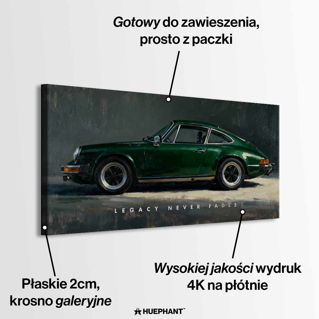 Obraz na płótnie Porsche Legacy z zielonym klasycznym Porsche 911 – obraz samochodowy Huephant, symbol ponadczasowego stylu i dziedzictwa.