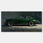 Obraz na płótnie Porsche Legacy z zielonym klasycznym Porsche 911 – obraz samochodowy Huephant, symbol ponadczasowego stylu i dziedzictwa.