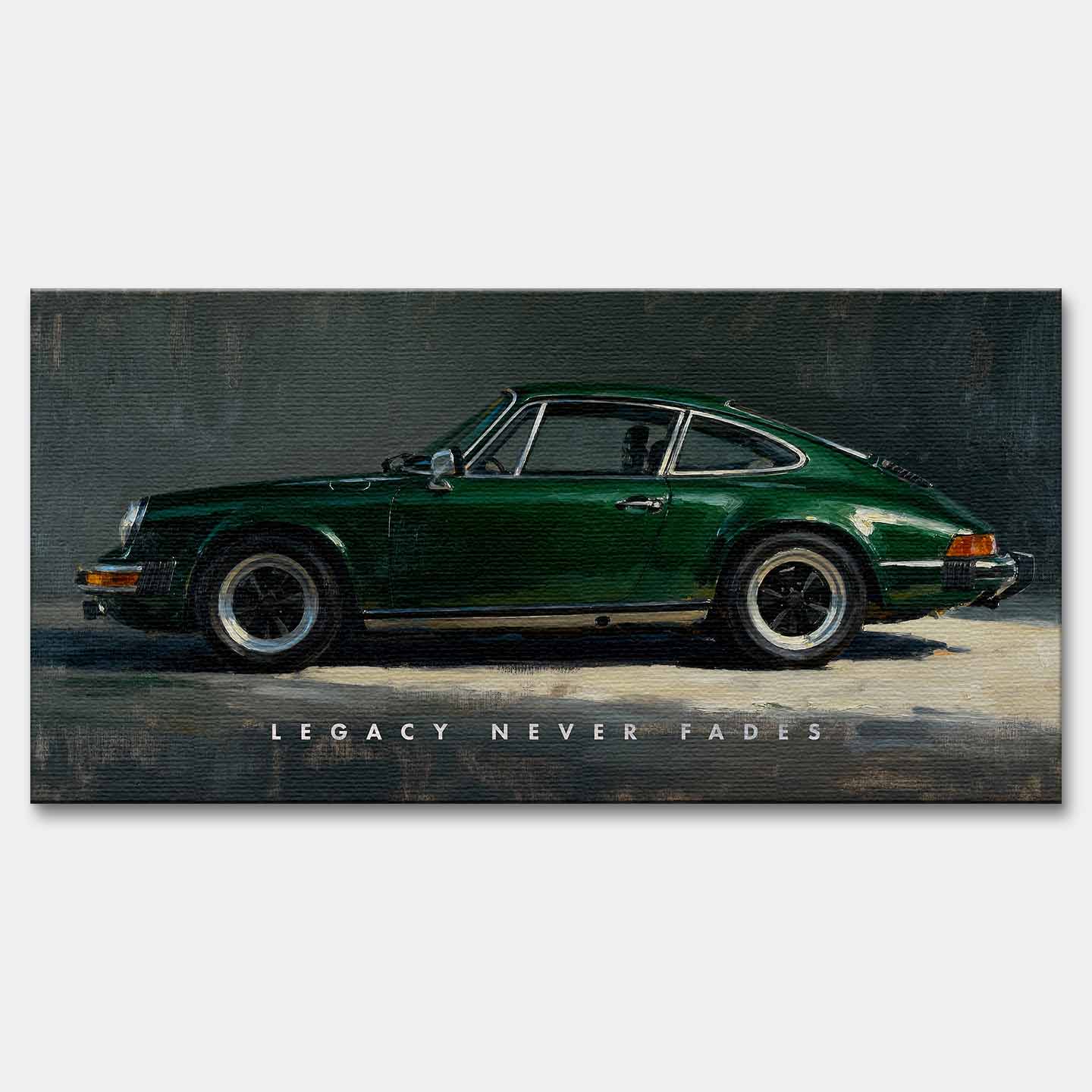 Obraz na płótnie Porsche Legacy z zielonym klasycznym Porsche 911 – obraz samochodowy Huephant, symbol ponadczasowego stylu i dziedzictwa.