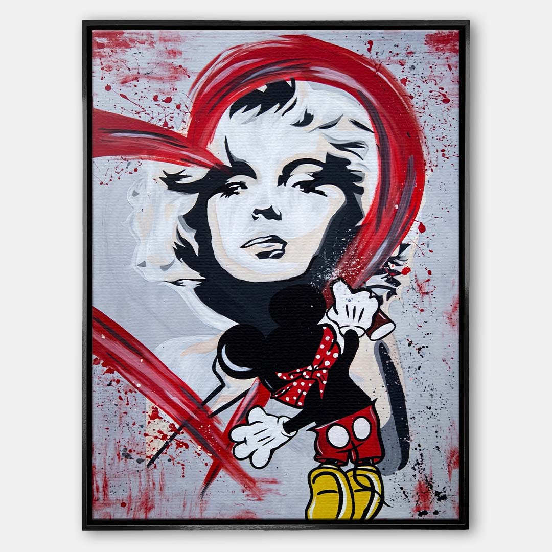 Nowoczesny obraz na płótnie pop-art z czarno-białym portretem kobiety, czerwonym graffiti i rysunkową postacią czarnej myszki z puszką sprayu.