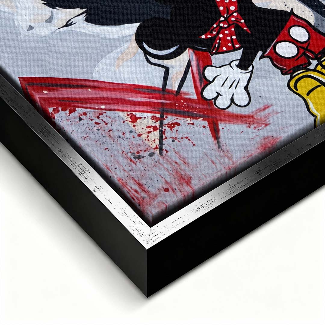 Nowoczesny obraz na płótnie pop-art z czarno-białym portretem kobiety, czerwonym graffiti i rysunkową postacią czarnej myszki z puszką sprayu.