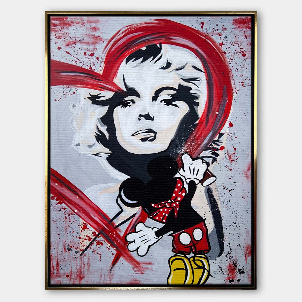Nowoczesny obraz na płótnie pop-art z czarno-białym portretem kobiety, czerwonym graffiti i rysunkową postacią czarnej myszki z puszką sprayu.