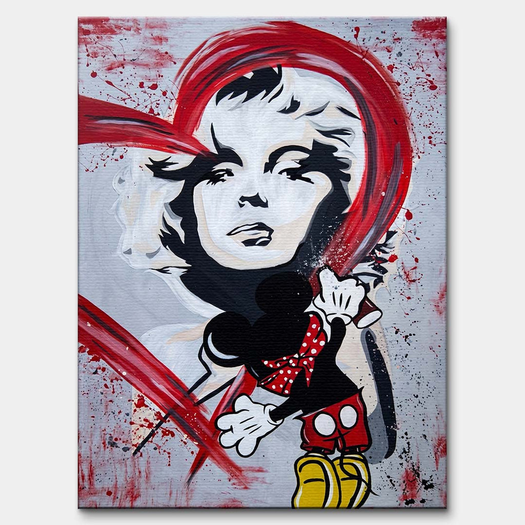 Nowoczesny obraz na płótnie pop-art z czarno-białym portretem kobiety, czerwonym graffiti i rysunkową postacią czarnej myszki z puszką sprayu.