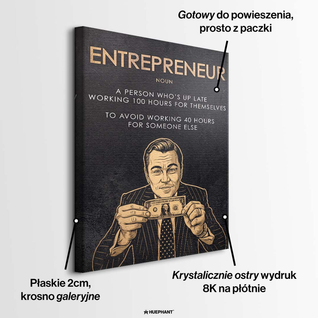 Obraz na płótnie Entrepreneur Wolf z biznesmenem trzymającym banknot i cytatem o przedsiębiorczości, wydruk galeryjny do biura.