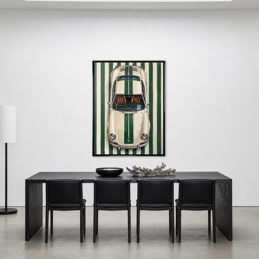 Obraz Racing Green – czarna rama – aranżacja we wnętrzu – Huephant