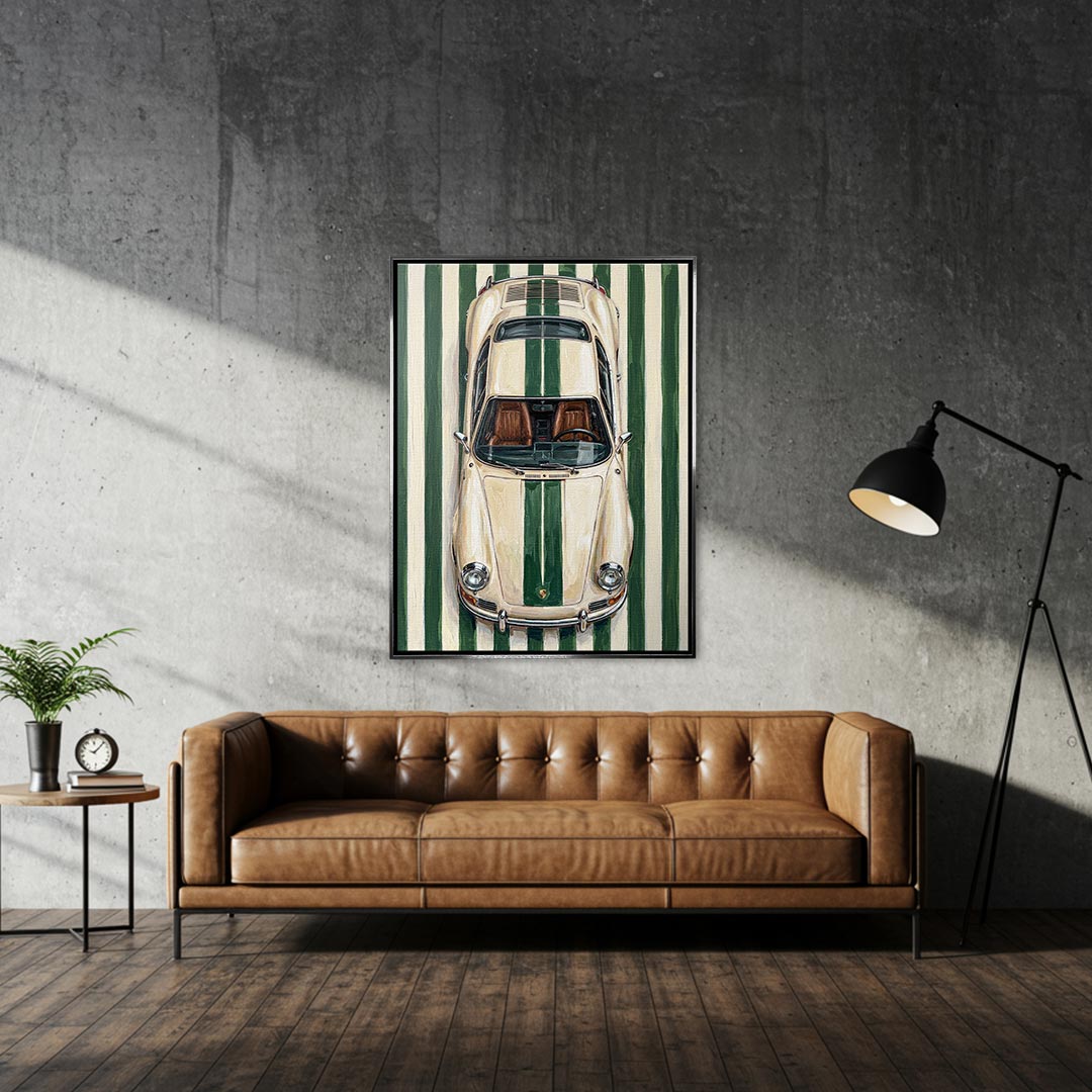 Obraz Racing Green – srebrna rama – aranżacja we wnętrzu – Huephant