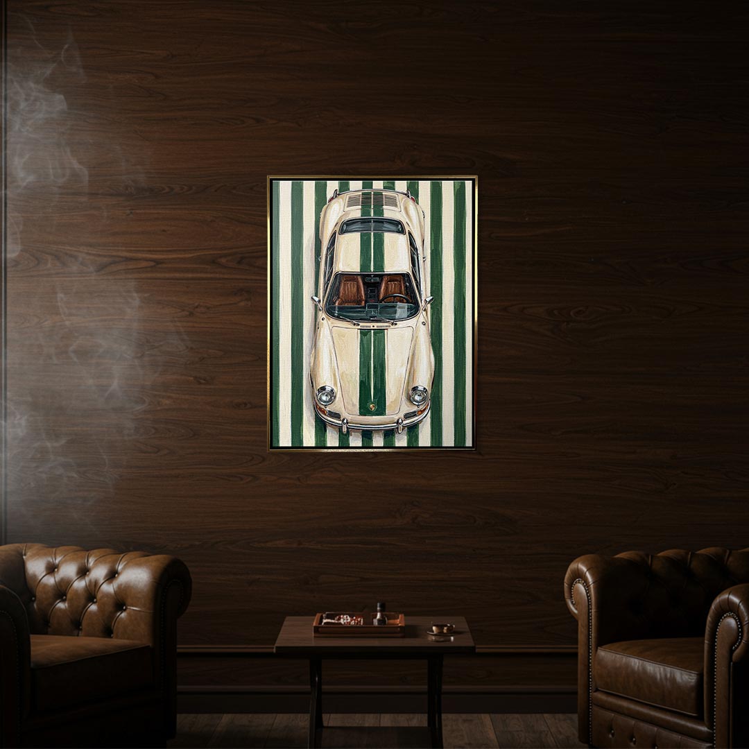 Obraz Racing Green – złota rama – aranżacja we wnętrzu – Huephant