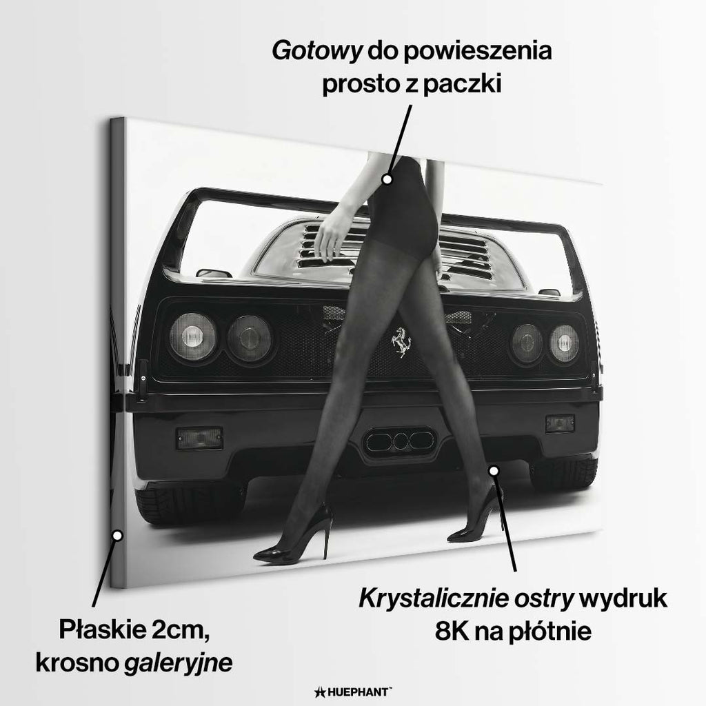 Zestaw 2 czarno-białych obrazów na płótnie przedstawiających sylwetki kultowych supersamochodów i elegancję w wydruku galeryjnym.