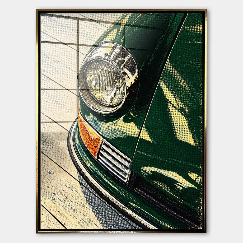 Obraz Headlight Halftone – Szkło akrylowe – Złota rama – Huephant