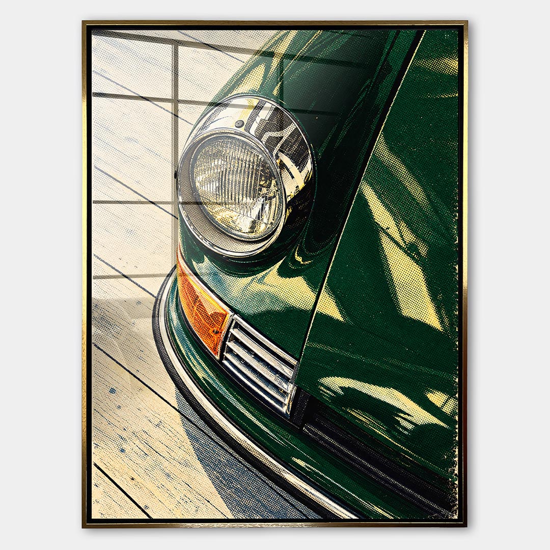Obraz Headlight Halftone – Szkło akrylowe – Złota rama – Huephant