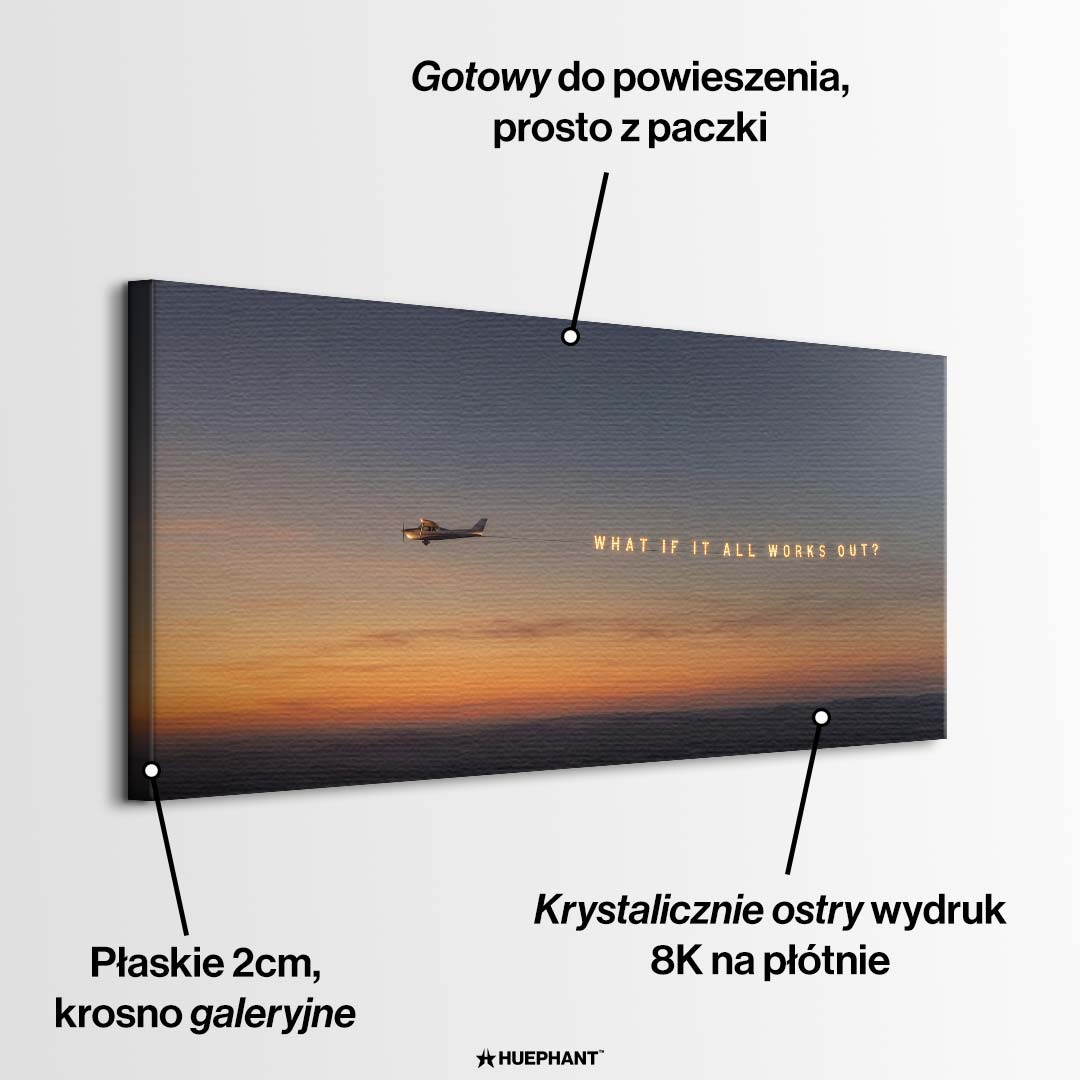 Minimalistyczny obraz na płótnie przedstawiający lecący samolot na tle zachodu słońca i neonowy napis What if it all works out. Wydruk galeryjny Huephant.
