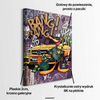 Nowoczesna sztuka pop-art: obraz na płótnie z postacią kaczora na tle żółtego auta i torby Rollie. Ekskluzywny wydruk galeryjny od Huephant.