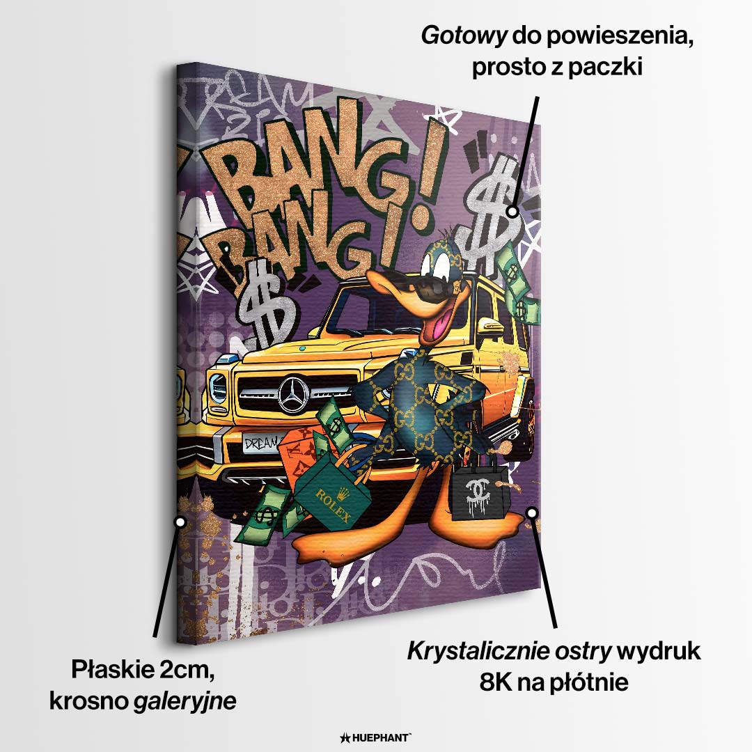 Nowoczesna sztuka pop-art: obraz na płótnie z postacią kaczora na tle żółtego auta i torby Rollie. Ekskluzywny wydruk galeryjny od Huephant.
