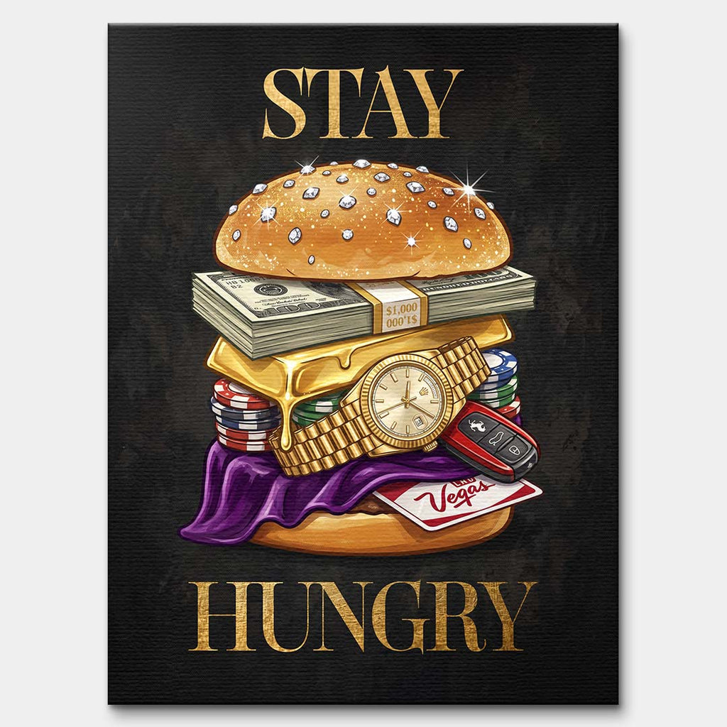 Nowoczesny obraz na płótnie przedstawiający burgera z banknotów, złota i zegarka oraz złoty napis STAY HUNGRY na czarnym tle. Wydruk galeryjny Huephant.