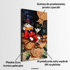 Nowoczesny obraz na płótnie pop-art przedstawiający kaczora w cylindrze odpoczywającego na wielkich workach z symbolami dolarów i złotymi monetami.