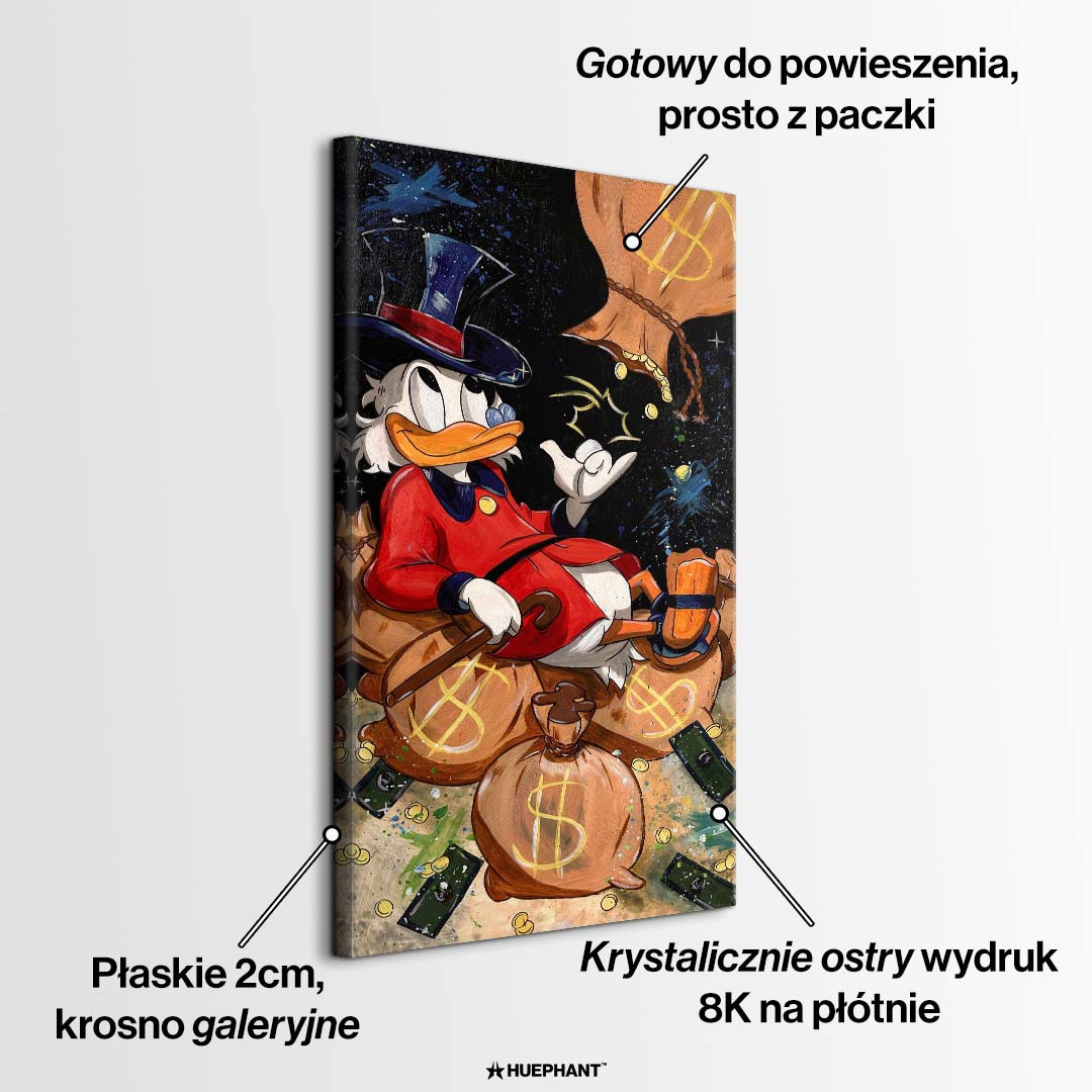 Nowoczesny obraz na płótnie pop-art przedstawiający kaczora w cylindrze odpoczywającego na wielkich workach z symbolami dolarów i złotymi monetami.