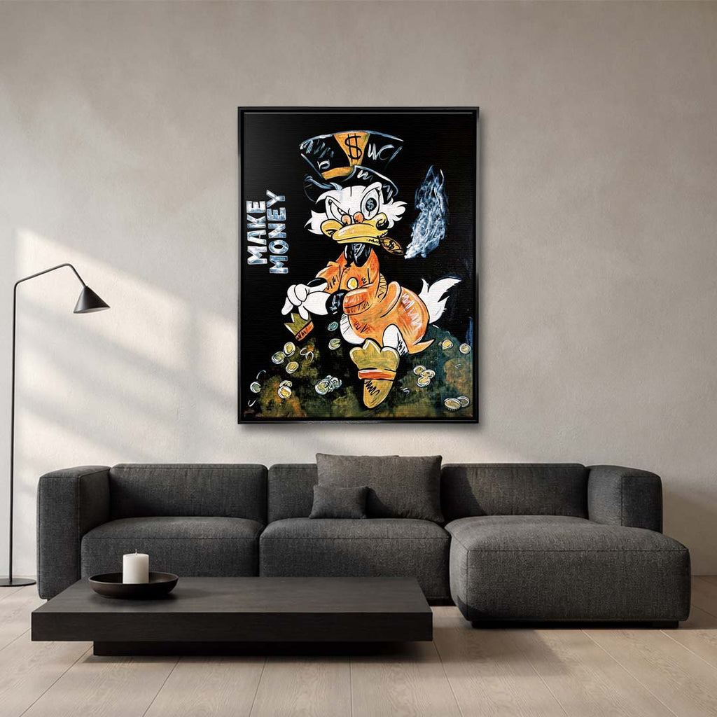Nowoczesny obraz na płótnie w stylu pop-art przedstawiający kaczora z cygarem i monetami na czarnym tle. Wydruk galeryjny z napisem Make Money.