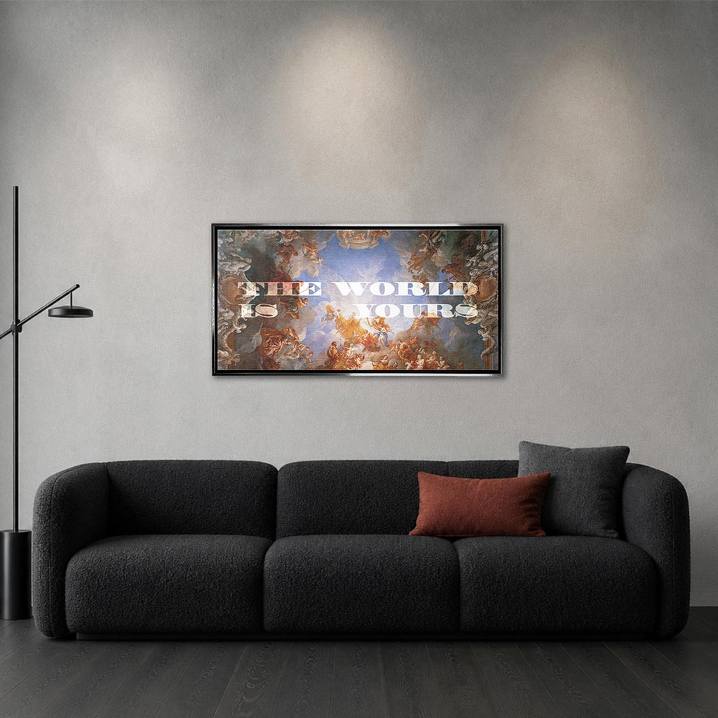 Obraz The World Is Yours – srebrna rama – aranżacja we wnętrzu – Huephant