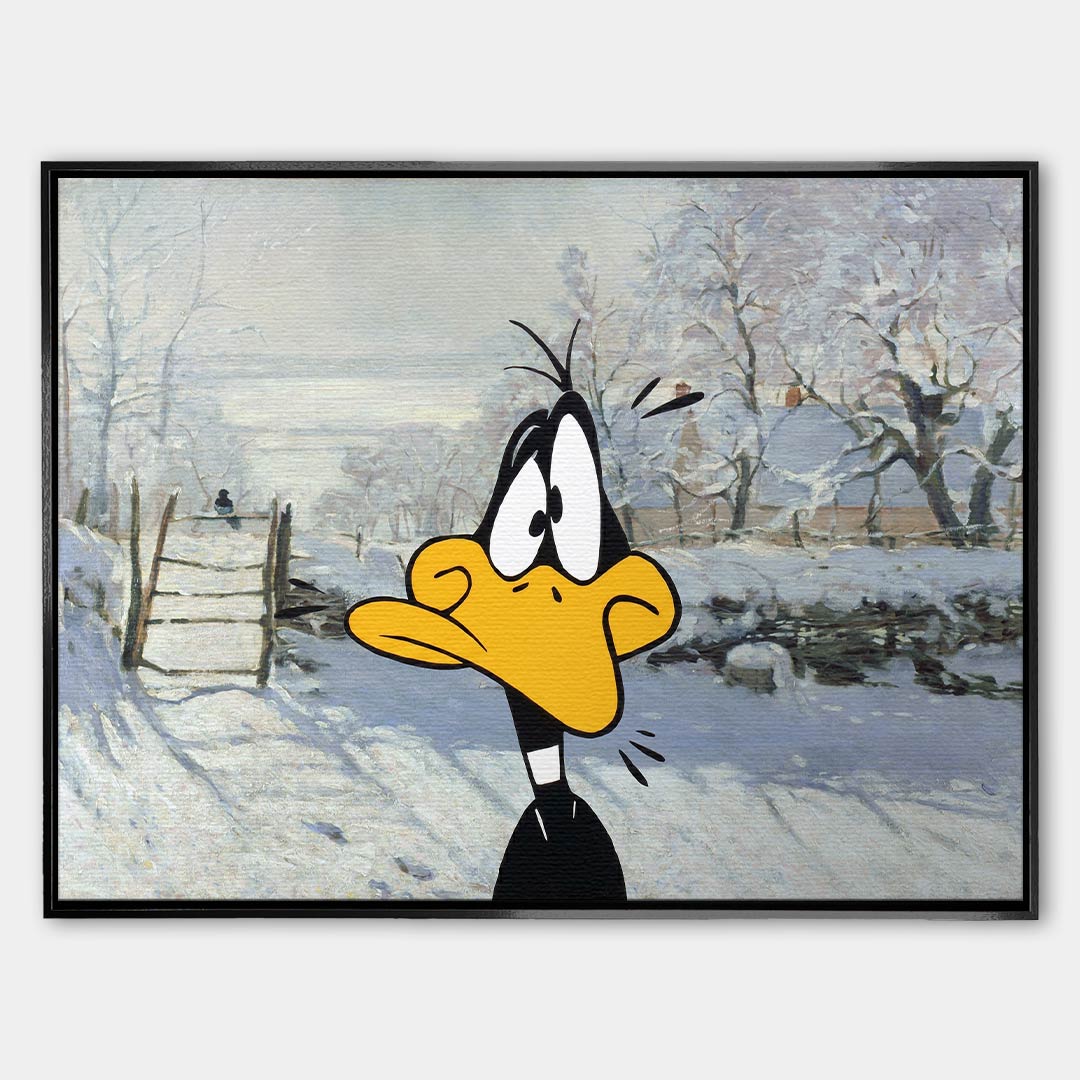 Obraz na płótnie Winter Time z kaczą postacią na tle zimowego pejzażu, nowoczesny wydruk galeryjny łączący pop art i klasyczną scenerię.