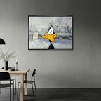 Obraz na płótnie Winter Time z kaczą postacią na tle zimowego pejzażu, nowoczesny wydruk galeryjny łączący pop art i klasyczną scenerię.