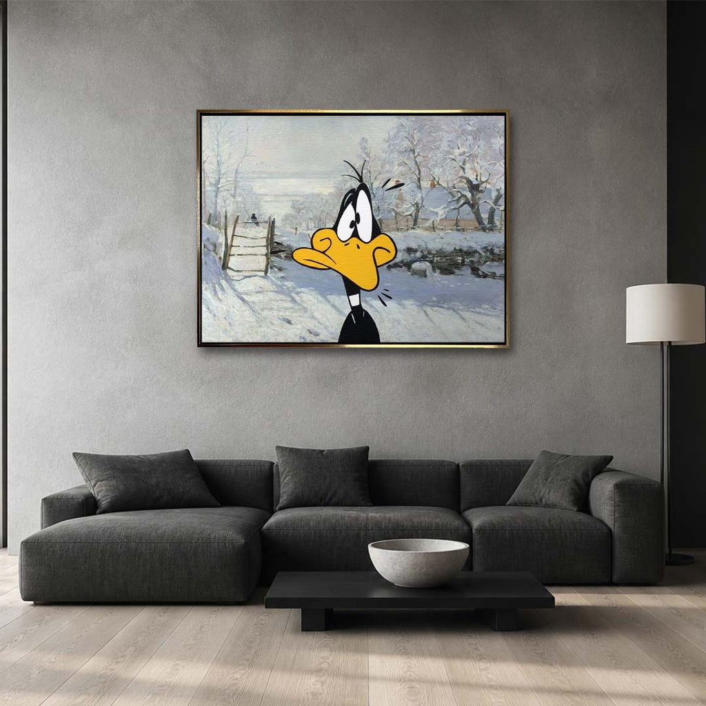 Obraz na płótnie Winter Time z kaczą postacią na tle zimowego pejzażu, nowoczesny wydruk galeryjny łączący pop art i klasyczną scenerię.