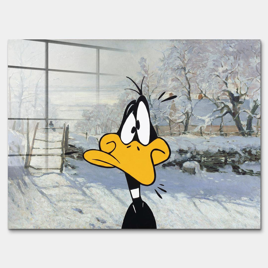 Obraz na szkle akrylowym Winter Time z kaczą postacią na tle zimowego pejzażu, nowoczesny wydruk galeryjny łączący pop art i klasyczną scenerię.