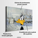 Obraz na płótnie Winter Time z kaczą postacią na tle zimowego pejzażu, nowoczesny wydruk galeryjny łączący pop art i klasyczną scenerię.